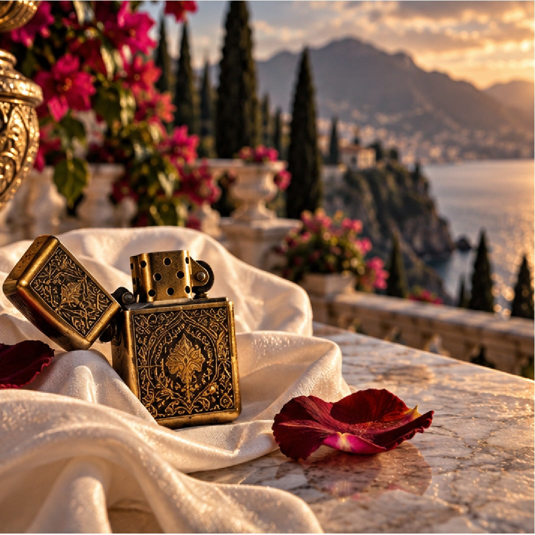 Antique brass lighter resting on silk fabric with rose petals, Mediterranean villa in the background — symbolic image from The Three Wishes, a dark mafia-romance retelling of Aladdin by T.B. Wolfe