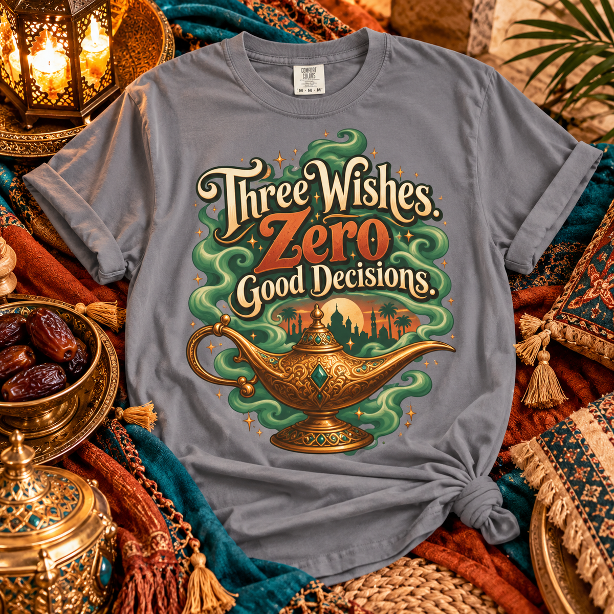 A gray graphic t-shirt featuring a genie lamp design and the text 'Three Wishes. Zero Good Decisions.