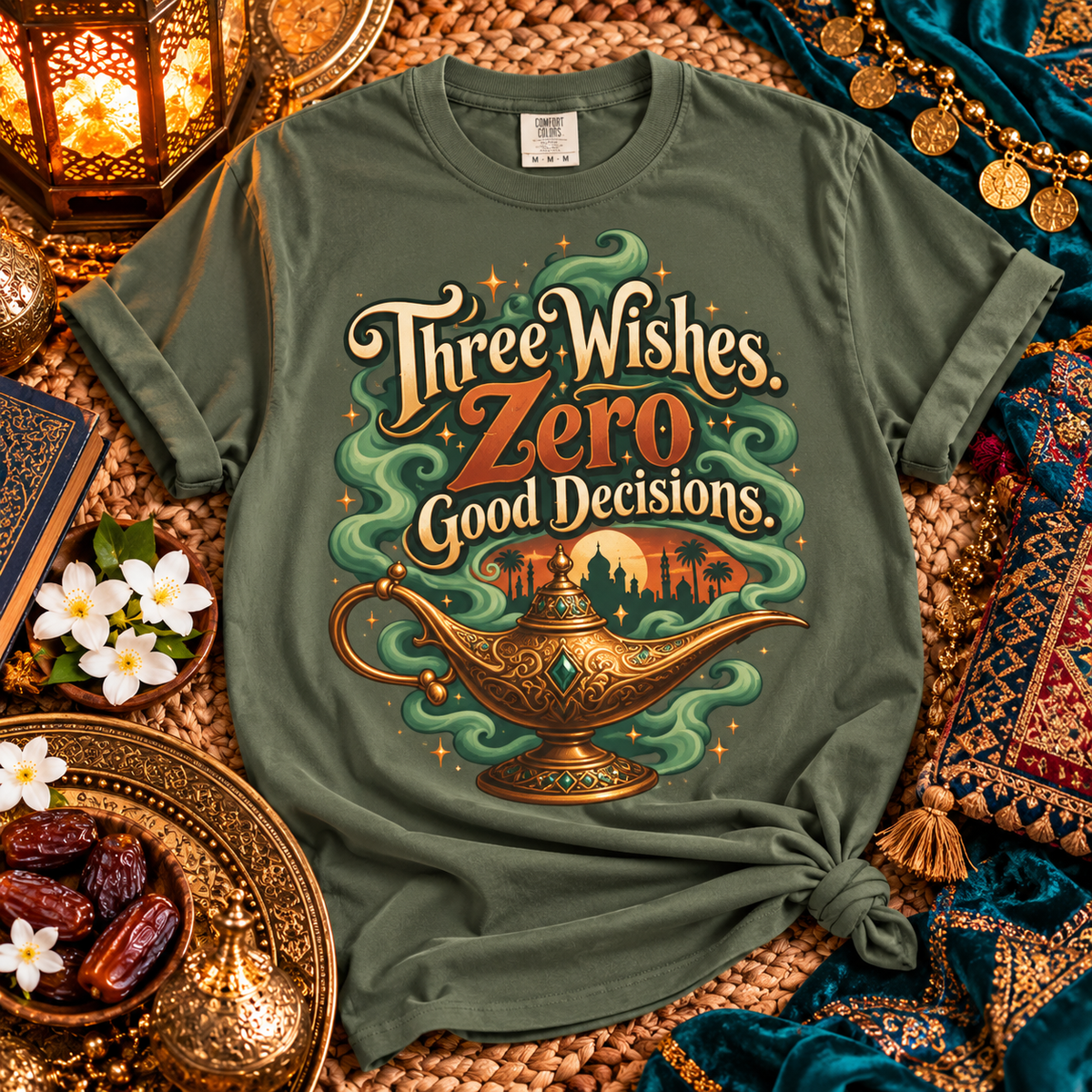 An olive green graphic t-shirt styled in a bohemian flat-lay setting. The shirt features a 'Three Wishes Zero Good Decisions' genie lamp design in teal, gold, and orange.