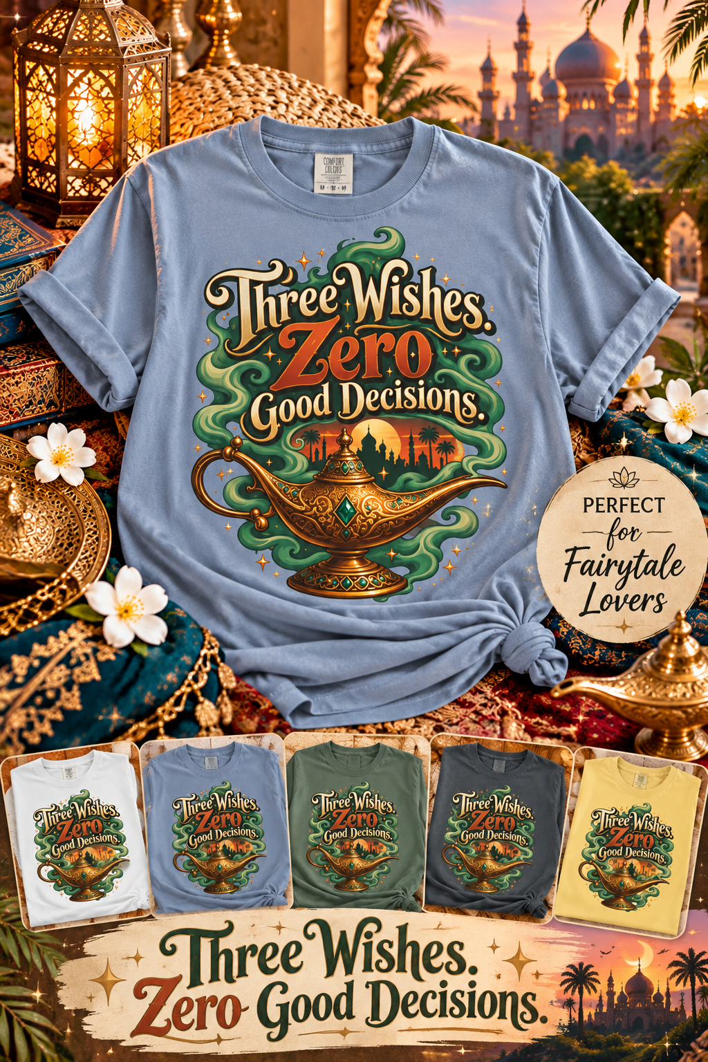 Make three wishes… and hope at least one of them includes this shirt. ✨ The “Three Wishes. Zero Good Decisions.” tee is made for Aladdin fairytale lovers who like their magic with a little sarcasm. Featuring a vintage-inspired genie lamp design, it’s perfect for theme park trips, magical vacations, casual outfits, birthdays, or gifting to your favorite fairytale fan. A fun statement tee for anyone still waiting on their magic lamp! 🧞✨ #FairytaleShirt #AladdinLover #GenieLamp #FairytaleLover #MagicalShirt #