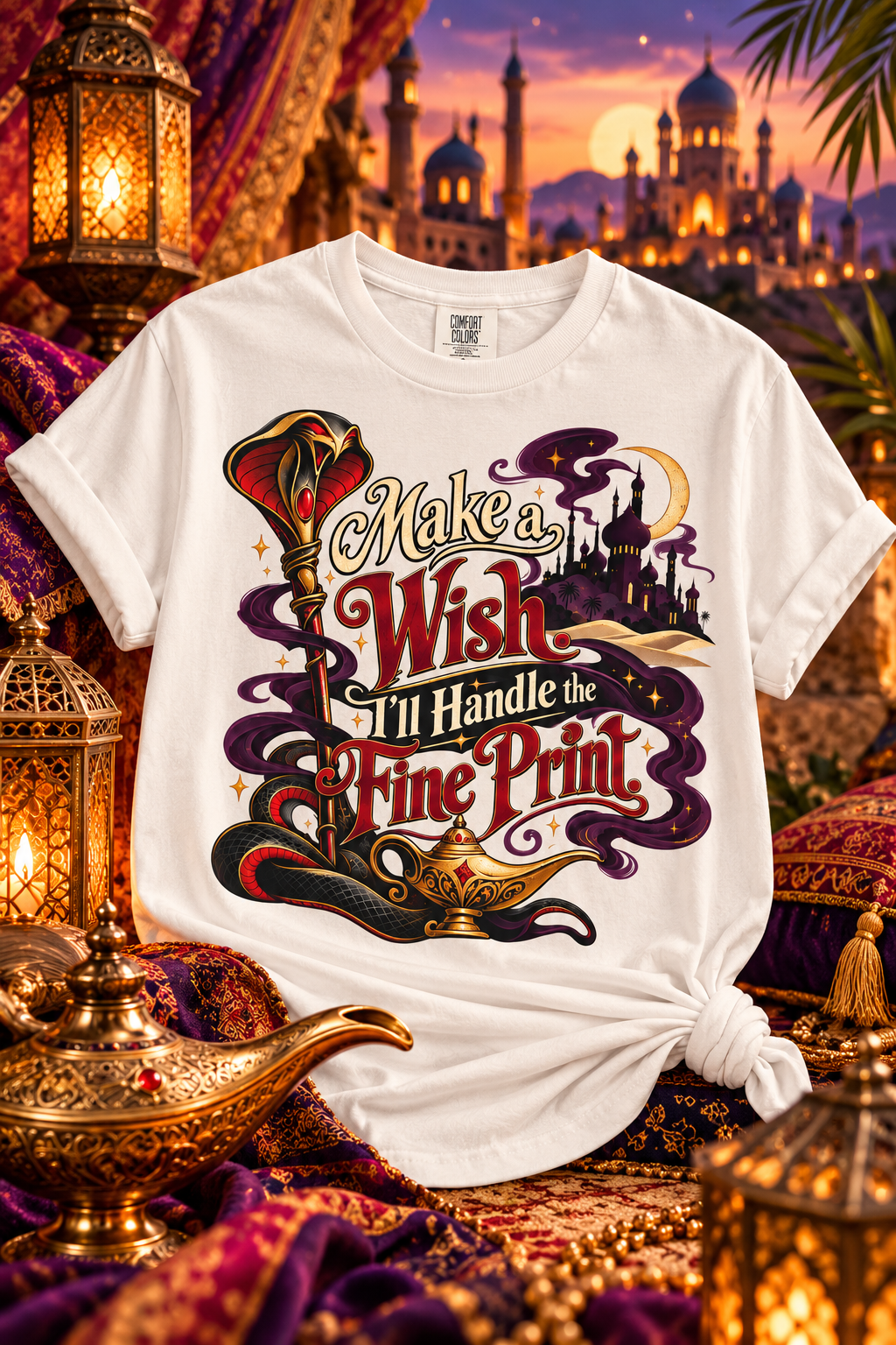 Planning a magical vacation but prefer a little villain energy? ✨🐍 This “Make a Wish. I’ll Handle the Fine Print.” shirt features a dark fairytale-inspired design with a magical lamp, serpent details, mysterious palace silhouettes and vintage fantasy vibes. A fun vacation outfit or gift for fantasy lovers, villain fans and theme-park travelers. Save this idea for your next magical trip!
