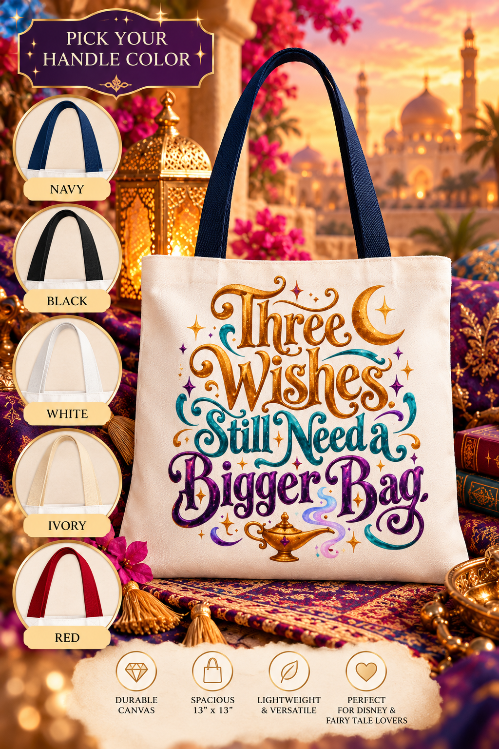 Aladdin Inspired Tote Bag, Three Wishes Bigger Bag, Fairy Tale Lover Gift, Arabian Nights Tote, Bookish Magic Bag