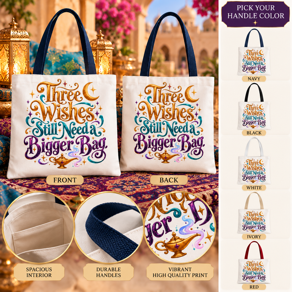 Aladdin Inspired Tote Bag, Three Wishes Bigger Bag, Fairy Tale Lover Gift, Arabian Nights Tote, Bookish Magic Bag