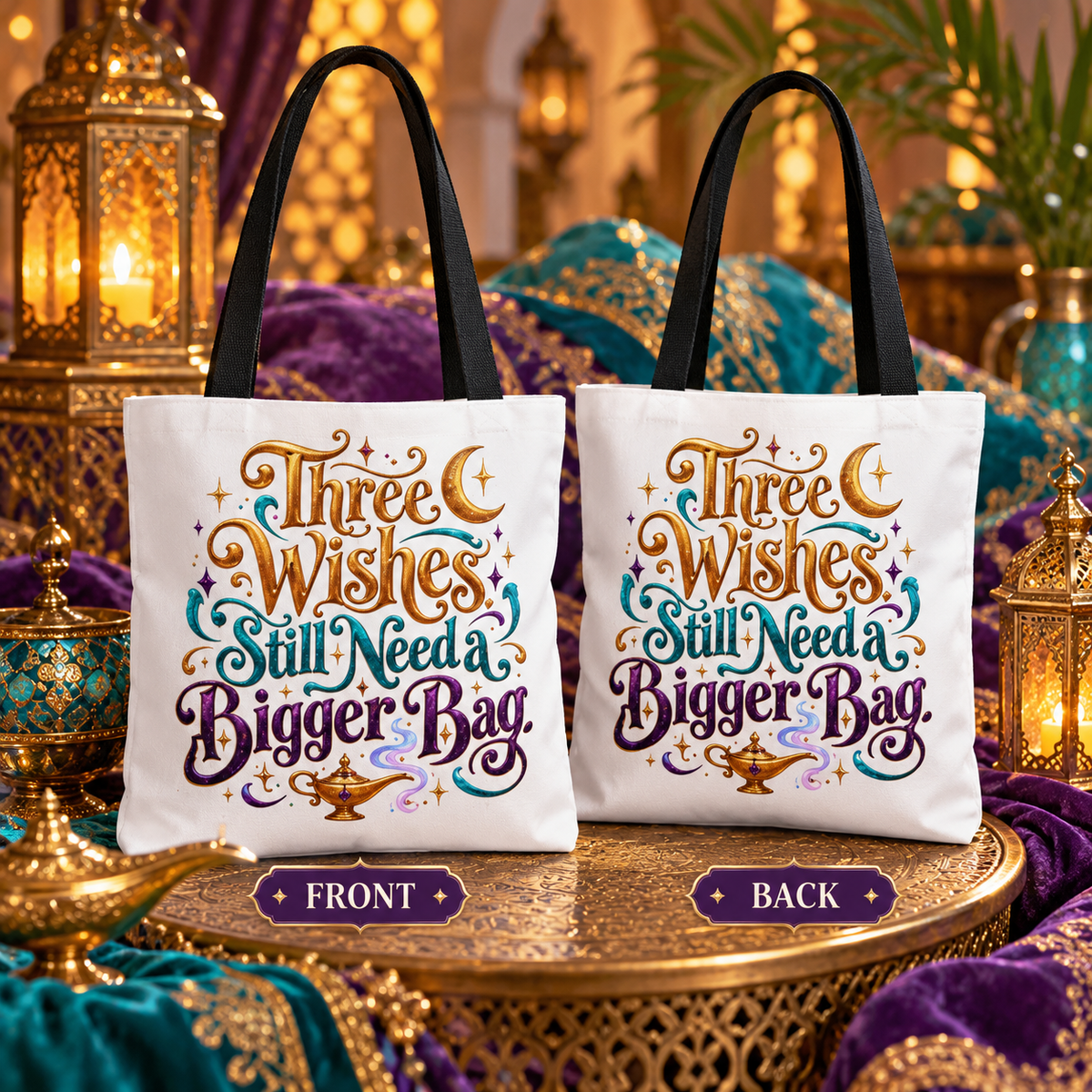Aladdin Inspired Tote Bag, Three Wishes Bigger Bag, Fairy Tale Lover Gift, Arabian Nights Tote, Bookish Magic Bag