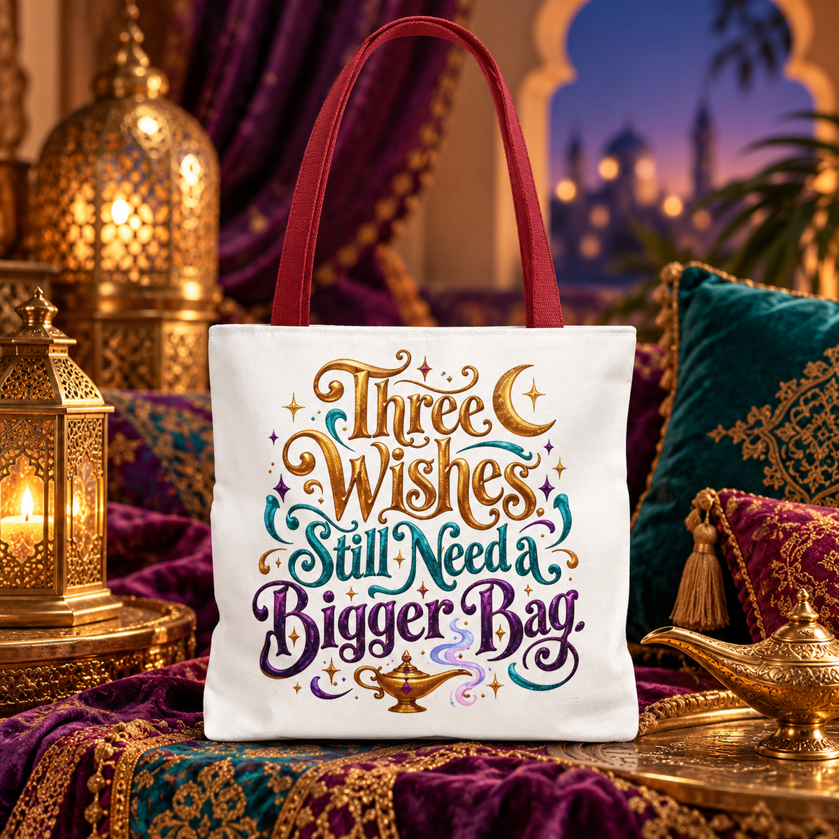 Aladdin Inspired Tote Bag, Three Wishes Bigger Bag, Fairy Tale Lover Gift, Arabian Nights Tote, Bookish Magic Bag