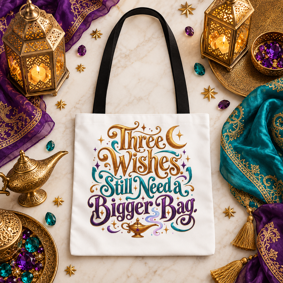 Aladdin Inspired Tote Bag, Three Wishes Bigger Bag, Fairy Tale Lover Gift, Arabian Nights Tote, Bookish Magic Bag
