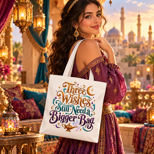 Aladdin Inspired Tote Bag, Three Wishes Bigger Bag, Fairy Tale Lover Gift, Arabian Nights Tote, Bookish Magic Bag