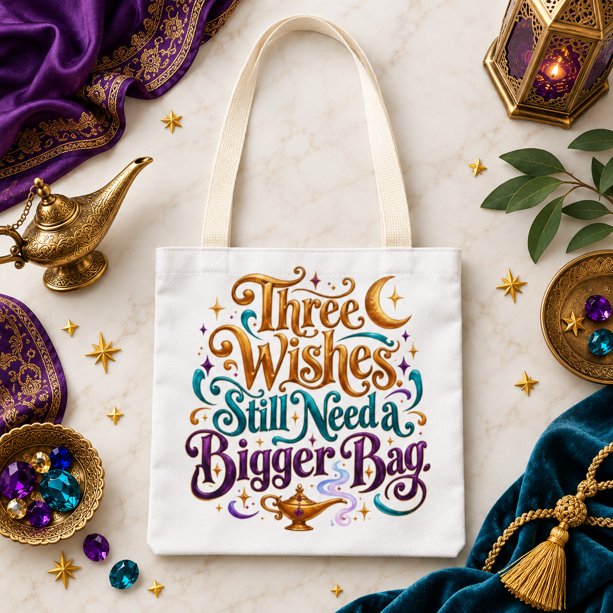 Aladdin Inspired Tote Bag, Three Wishes Bigger Bag, Fairy Tale Lover Gift, Arabian Nights Tote, Bookish Magic Bag