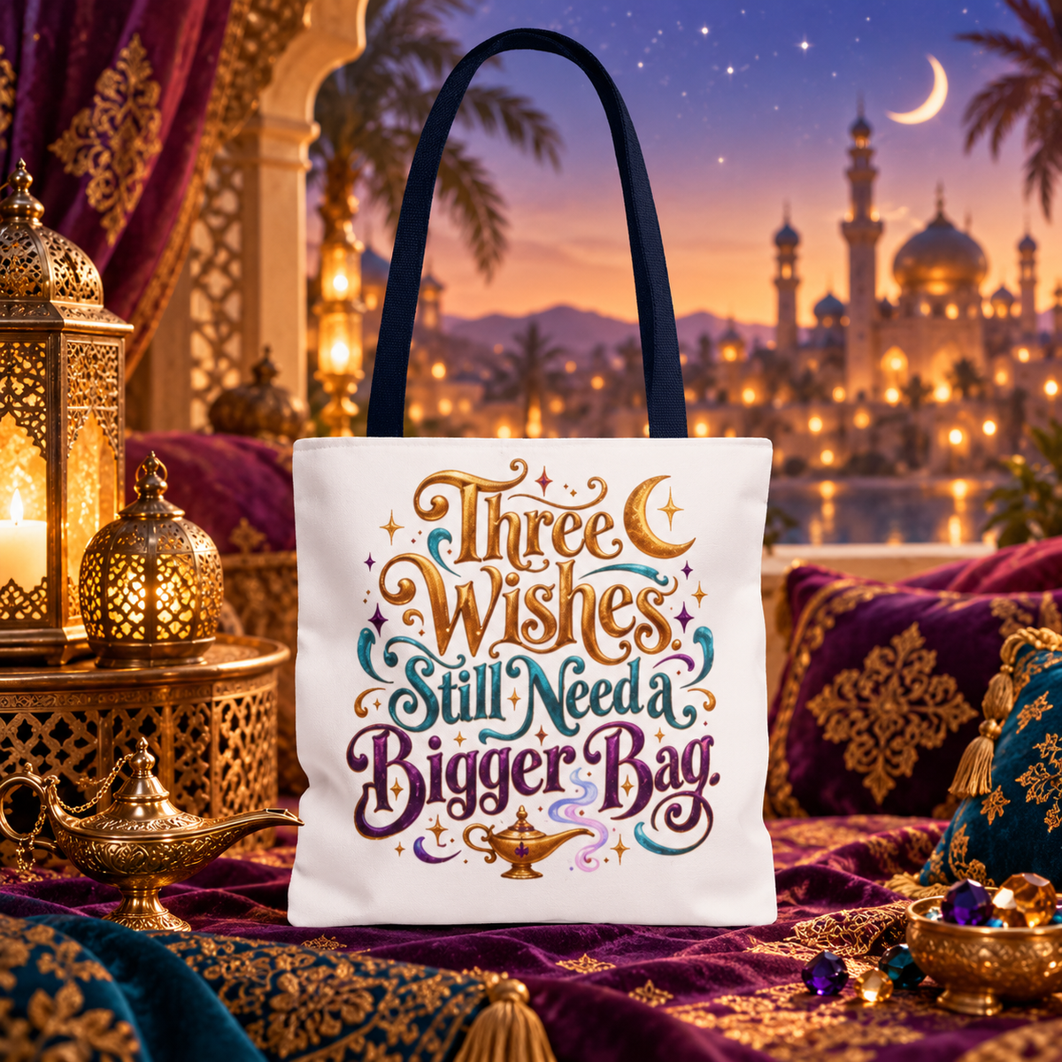 Aladdin Inspired Tote Bag, Three Wishes Bigger Bag, Fairy Tale Lover Gift, Arabian Nights Tote, Bookish Magic Bag