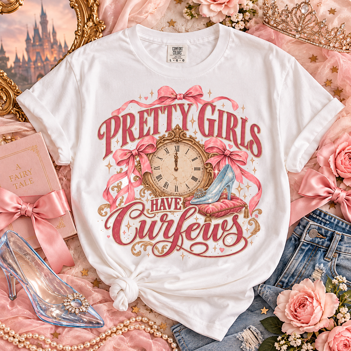 Pretty Girls Have Curfews Tee, Glass Slipper Shirt, Midnight Clock Graphic Tee, Princess Lover Gift, Fairytale Princess Shirt