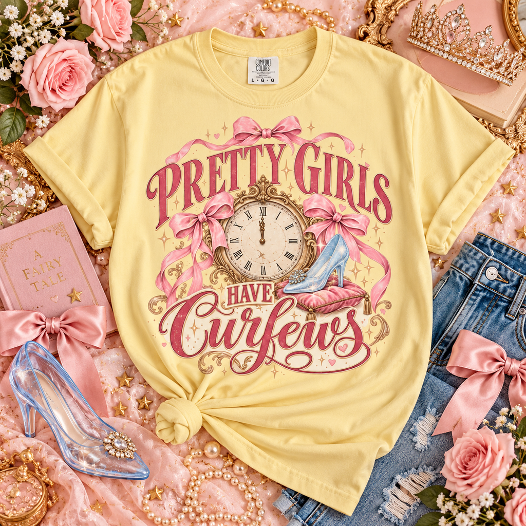 Pretty Girls Have Curfews Tee, Glass Slipper Shirt, Midnight Clock Graphic Tee, Princess Lover Gift, Fairytale Princess Shirt