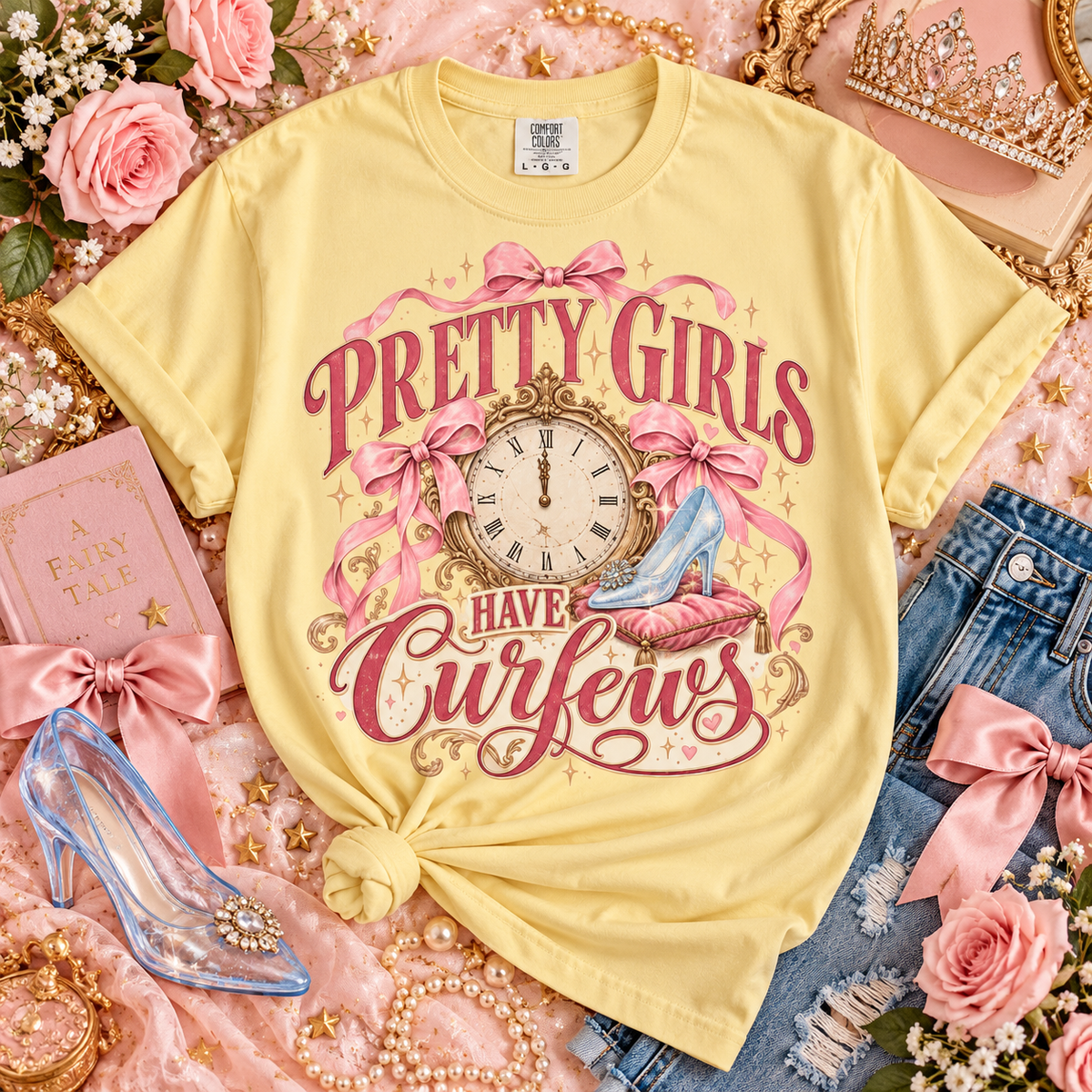 Pretty Girls Have Curfews Tee, Glass Slipper Shirt, Midnight Clock Graphic Tee, Princess Lover Gift, Fairytale Princess Shirt