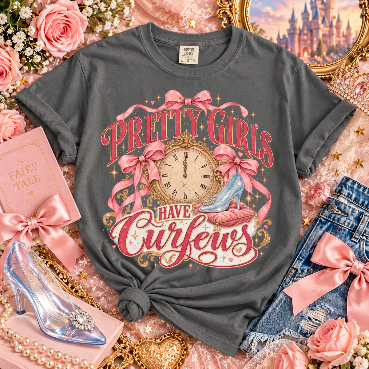 Pretty Girls Have Curfews Tee, Glass Slipper Shirt, Midnight Clock Graphic Tee, Princess Lover Gift, Fairytale Princess Shirt