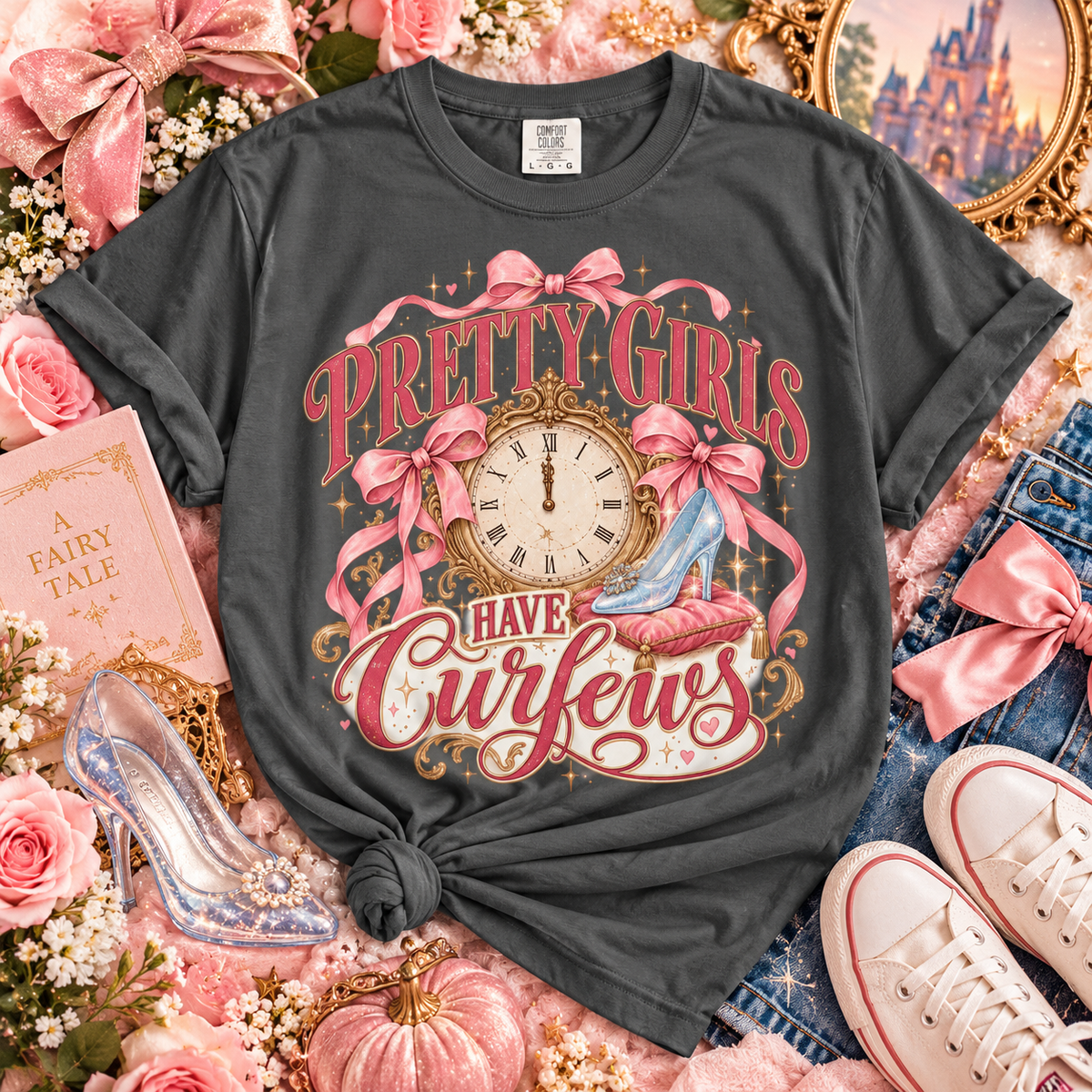 Pretty Girls Have Curfews Tee, Glass Slipper Shirt, Midnight Clock Graphic Tee, Princess Lover Gift, Fairytale Princess Shirt