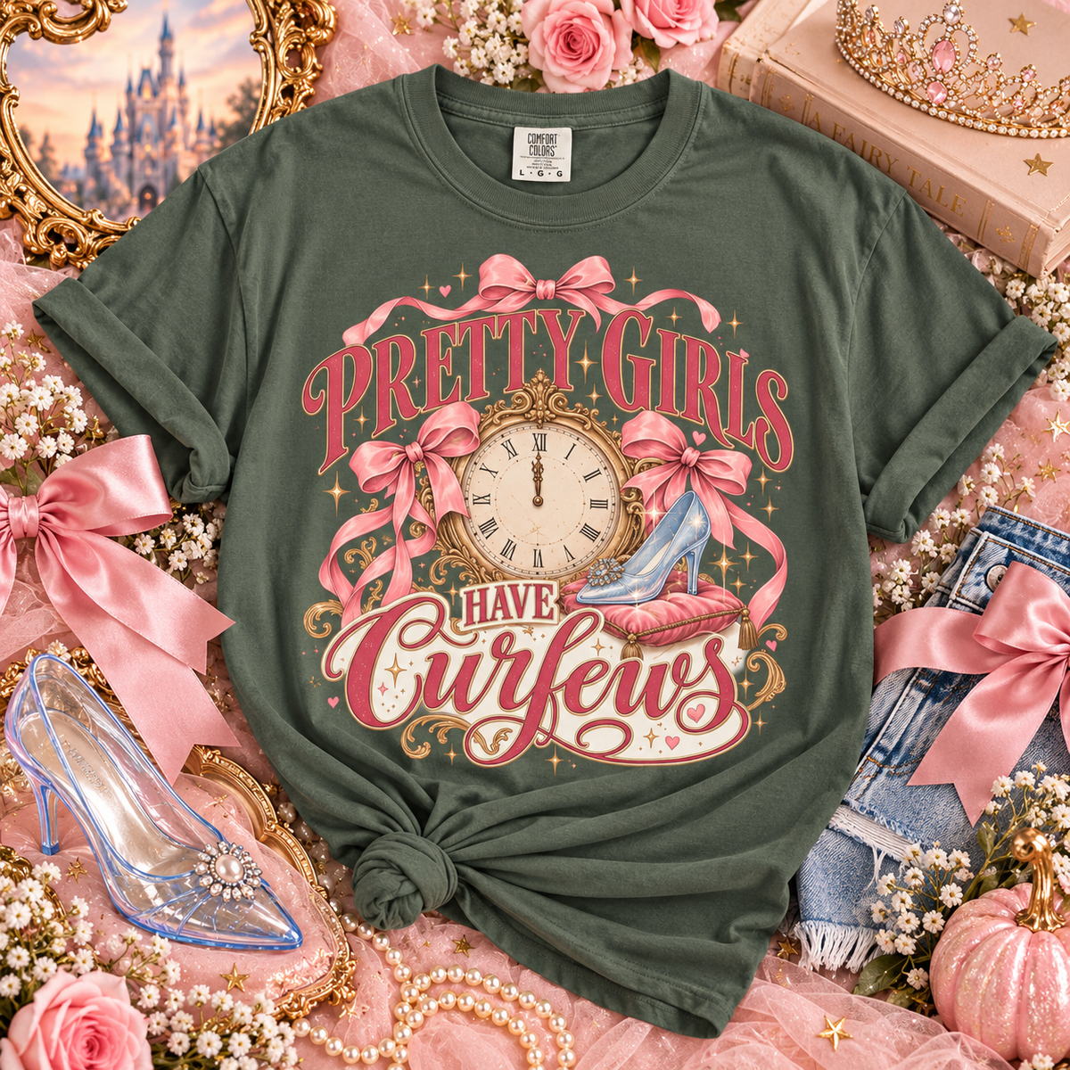 Pretty Girls Have Curfews Tee, Glass Slipper Shirt, Midnight Clock Graphic Tee, Princess Lover Gift, Fairytale Princess Shirt