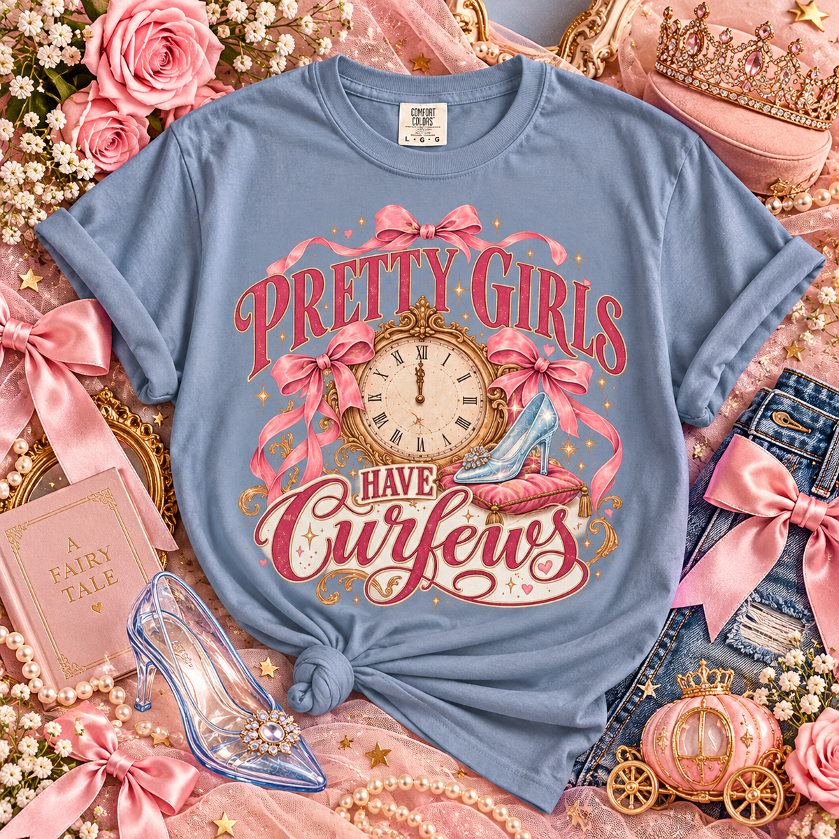 Pretty Girls Have Curfews Tee, Glass Slipper Shirt, Midnight Clock Graphic Tee, Princess Lover Gift, Fairytale Princess Shirt