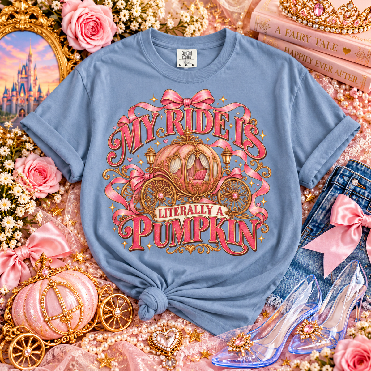My Ride Is Literally a Pumpkin, Glass Slipper Graphic Shirt, Princess Lover Gift. Pumpkin Carriage Shirt, Fairytale Princess Tee