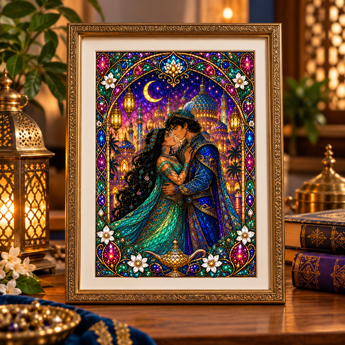 A framed decorative artwork featuring a romantic couple embracing under a crescent moon, with a palace and glowing stained-glass-style details in the background. The piece is displayed in an ornate gold frame on a wooden surface, surrounded by warm lanterns, books, and plants.