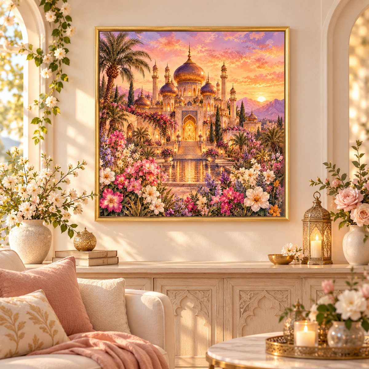 A large framed canvas print of an ornate golden palace surrounded by pink and white flowers at sunset, displayed on a cream-colored wall above a decorative console table in a beautifully styled living room.