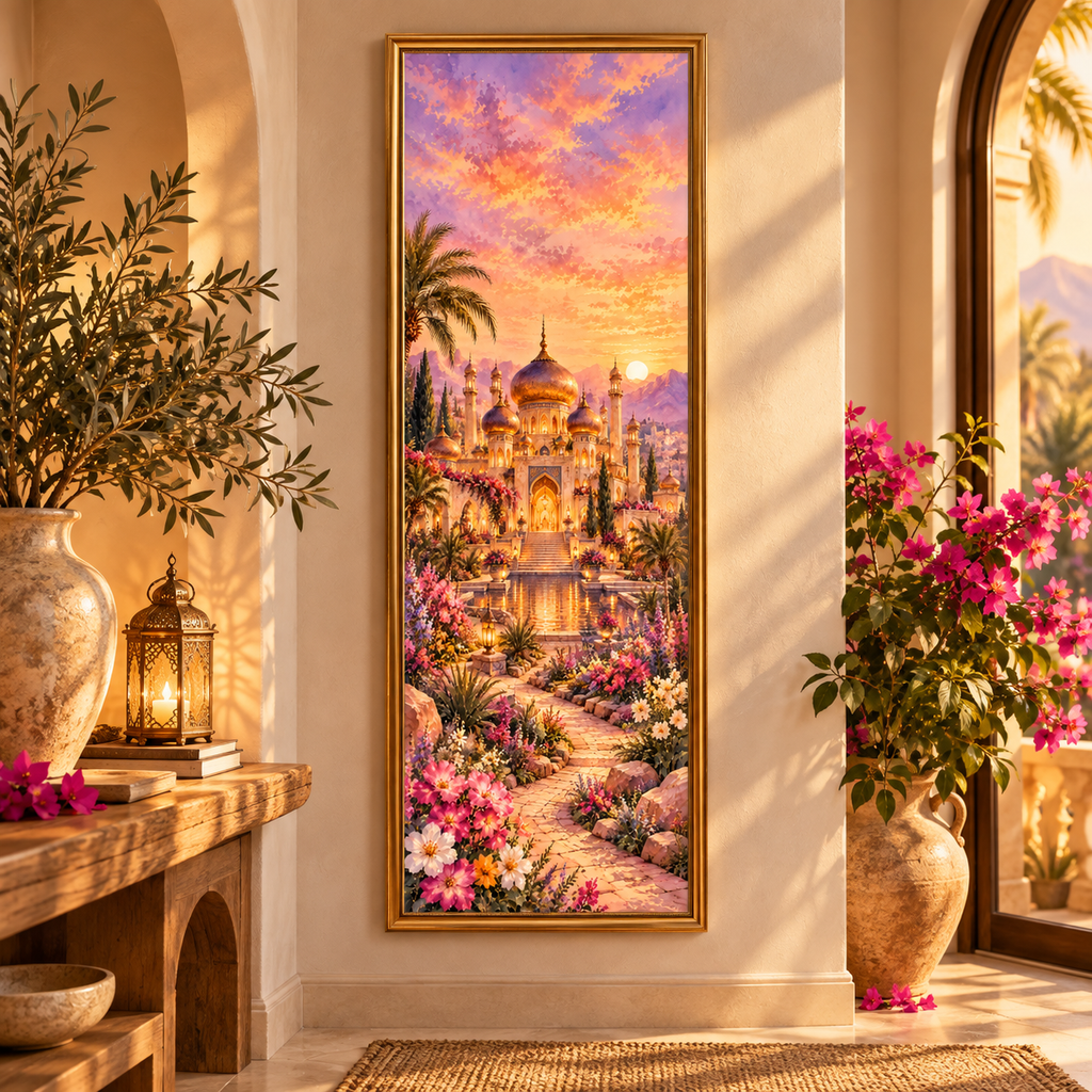 A tall framed art print depicting a warm sunset over a palace and garden path, displayed on a beige wall in a sunlit interior with plants and vases.