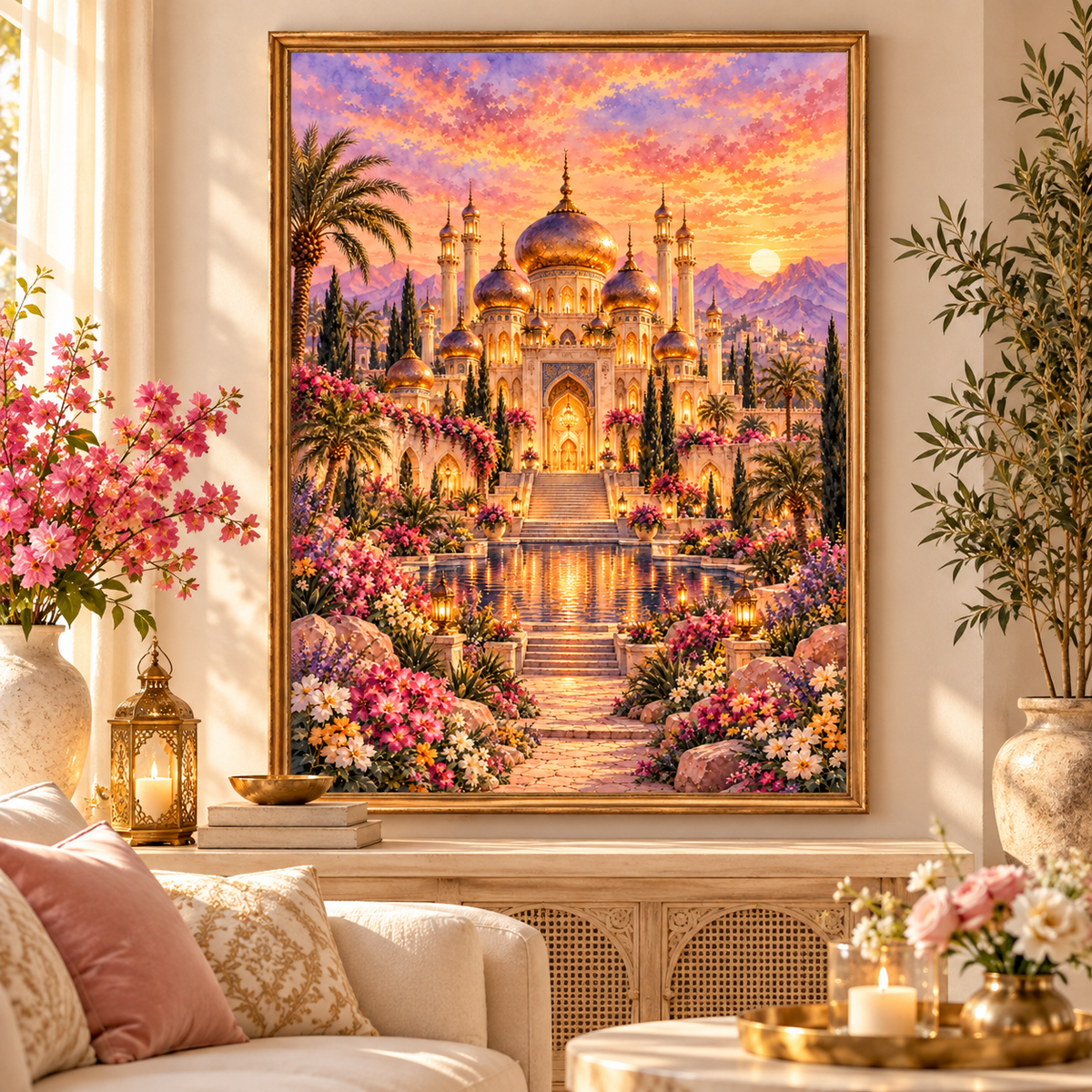 A large framed wall art print depicting a golden palace with domes, palm trees, mountains, and a colorful sunset sky, displayed above a console table in a styled living room with flowers and cushions.