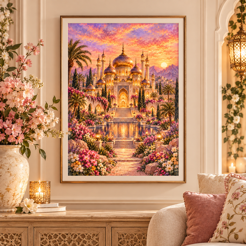 A framed art print depicting a glowing golden palace with domes, palm trees, and a sunset sky, displayed on a wall in a beautifully decorated living room with flowers, candles, and cushions.