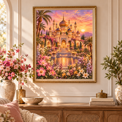A large framed art print depicting a glowing fantasy palace surrounded by tropical flowers and palm trees, hung on a cream wall above a wooden console table with decorative vases and books.