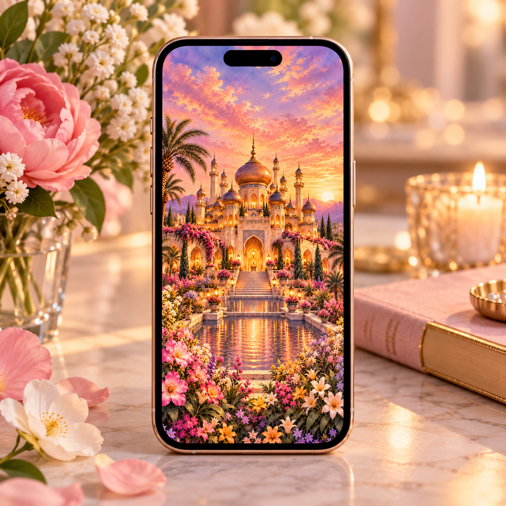 A smartphone with a gold-toned edge stands upright on a marble surface, displaying a vivid fantasy scene of a golden palace surrounded by flowers at sunset. The phone is styled in a warm, decorative setting with flowers, candles, and a pink book in the background.