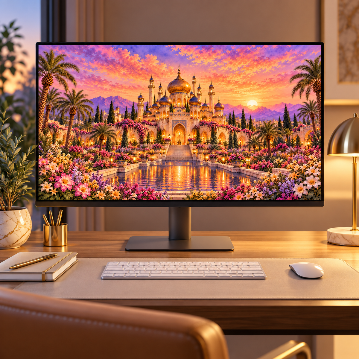 A large black computer monitor on a desk, displaying a vibrant fantasy landscape of a golden-domed palace at sunset. The desk setup includes a keyboard, mouse, notebook, and lamp, with a blurred chair in the foreground.