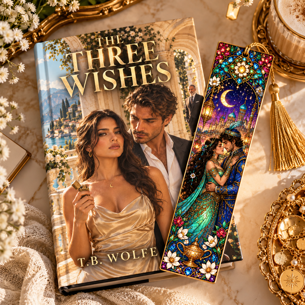 A styled flat-lay featuring a hardcover book titled "The Three Wishes" by T.B.