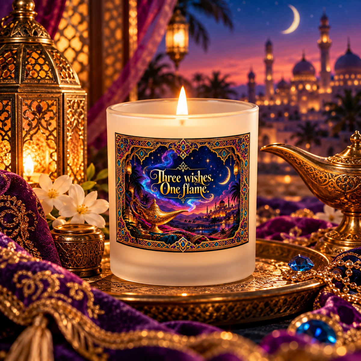 A frosted glass candle with a lit flame sits on a decorative tray, featuring an illustrated label that reads 'Three wishes, One flame' in an ornate fantasy style. The scene is styled with purple draped fabric, gold lanterns, flowers, and a glowing cityscape at dusk in the background.