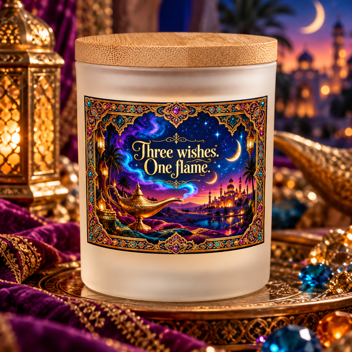 Three Wishes, One Flame Aladdin Fairytale 8 oz Candle with Bamboo Lid