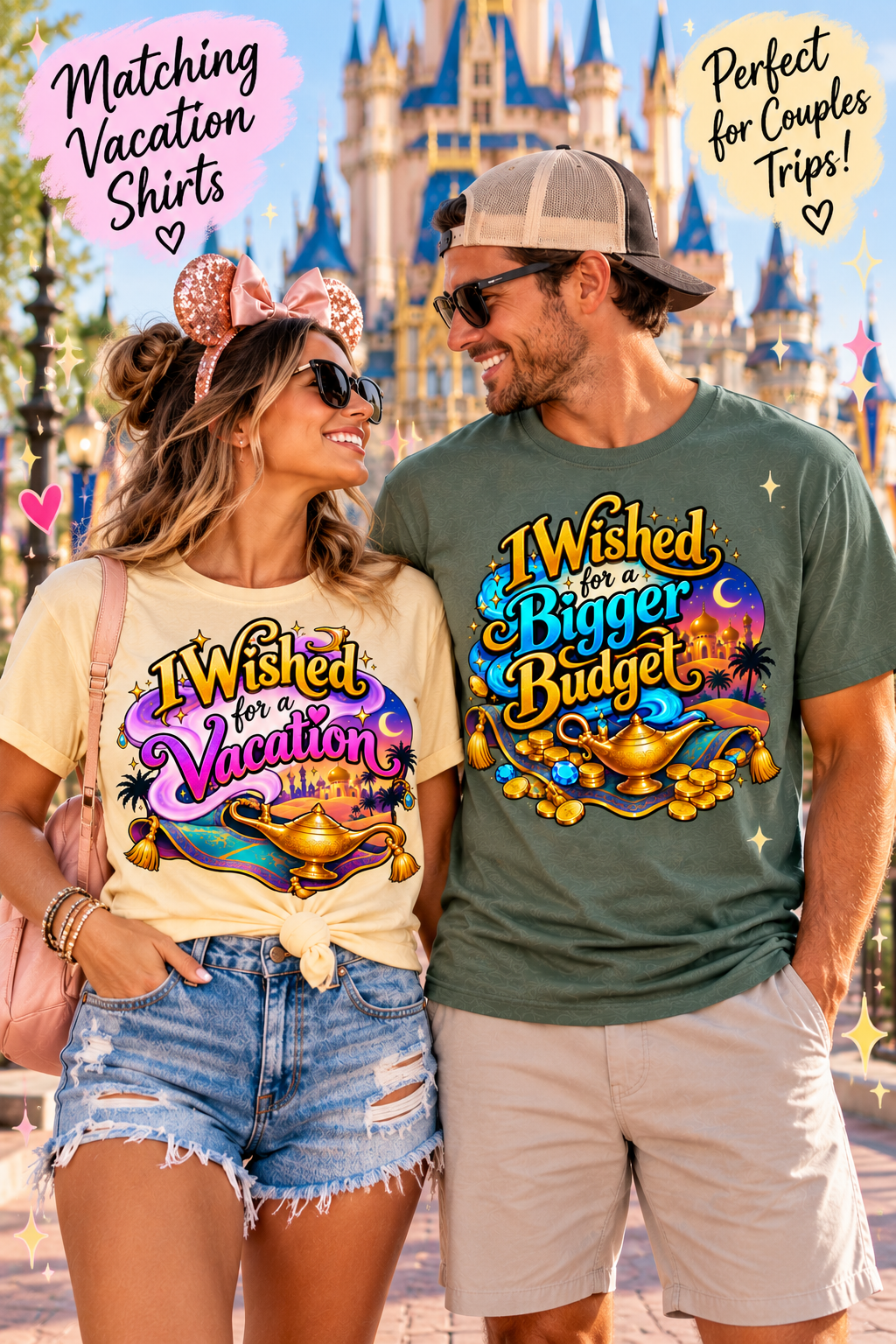 She wished for the vacation…he wished for a bigger budget. 😂✈️💸 Meet the matching vacation shirts made for couples who travel together and laugh about the bill later! This coordinating 2-shirt set includes “I Wished for a Vacation” and “I Wished for a Bigger Budget,” featuring colorful magical wish-inspired artwork perfect for couples trips, theme-park vacations, honeymoons, cruises and vacation photos. Choose a different color and size for each shirt to create your perfect matching vacation outfit. Save 