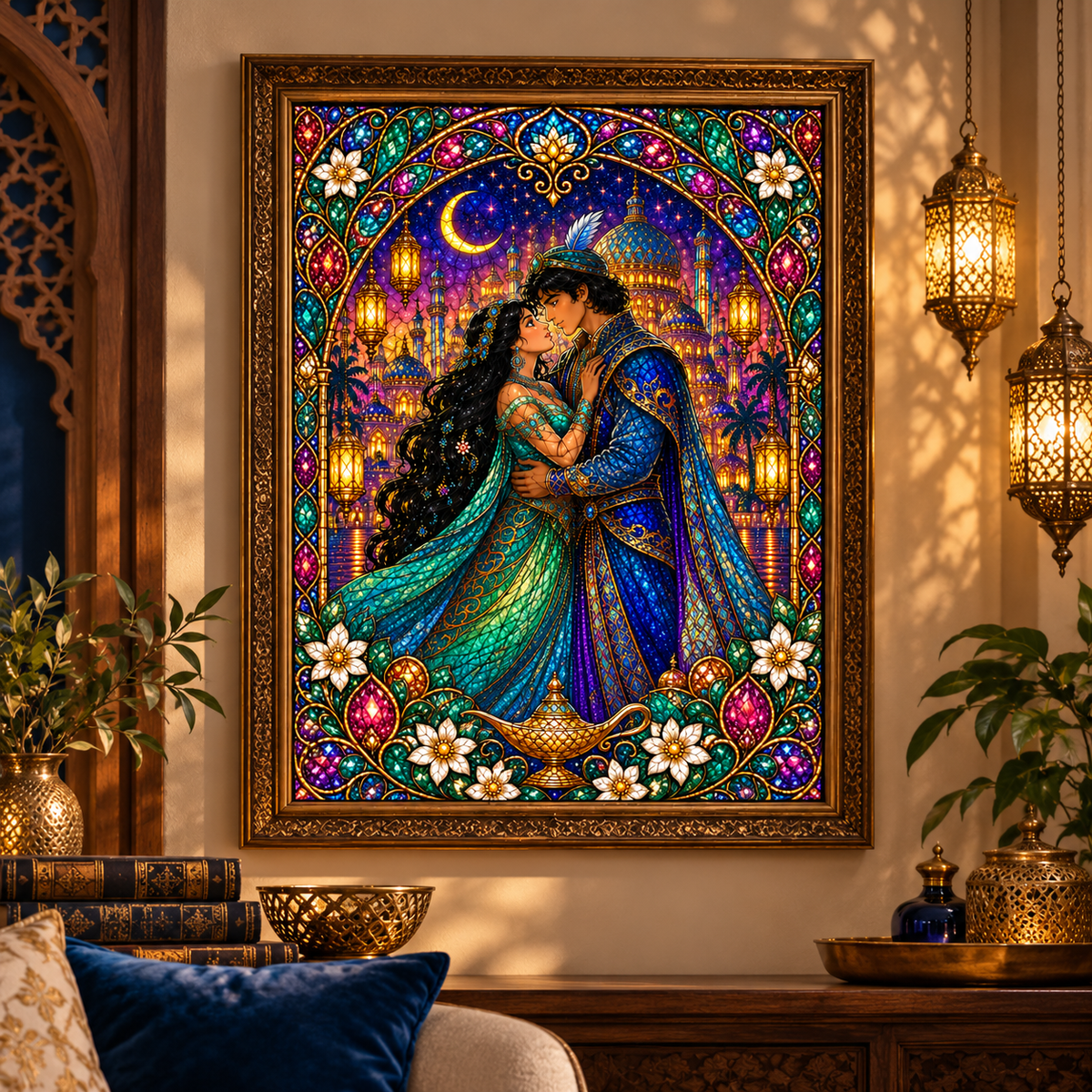 A large framed art print depicting an Arabic-style romantic scene with a couple embracing under a crescent moon, hanging on a beige wall in a warmly lit room with hanging lanterns and plants.