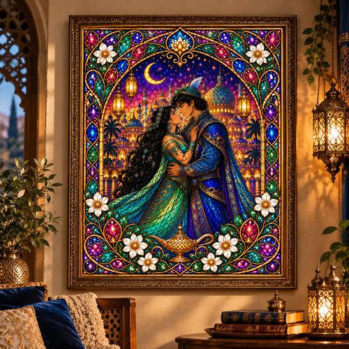 A large framed decorative artwork hangs on a wall in a warmly lit room. The artwork shows a romantic scene with a couple embracing and kissing, surrounded by ornate stained-glass-style motifs, flowers, a crescent moon, and a genie lamp.