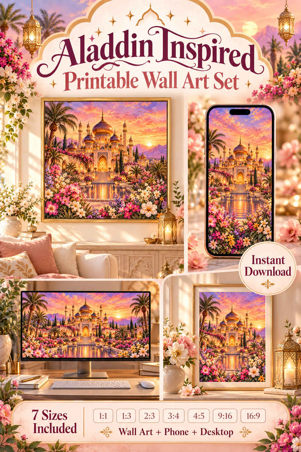 Bring storybook magic home with this Aladdin-inspired printable wall art set featuring a glowing Arabian palace at sunset, surrounded by desert flowers, palms, lanterns, and dreamy mountain views. Perfect for fairytale lovers, princess-inspired bedrooms, reading nooks, offices, gallery walls, and fantasy decor. Includes 1:1, 1:3, 2:3, 3:4, 4:5, 9:16 phone wallpaper, and 16:9 desktop wallpaper digital files. ✨