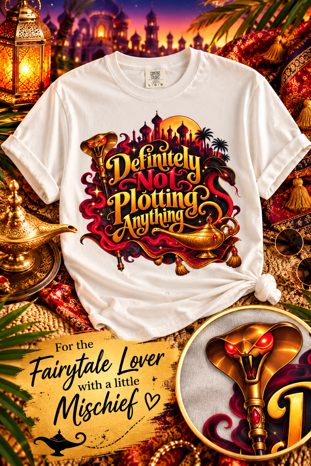 Definitely not plotting anything…why would you even ask? 😈🐍✨ This funny villain-inspired graphic tee combines dramatic red, black and gold artwork with serpents, magical smoke, a golden lamp and dark fairytale details. Perfect for magical vacations, theme-park outfits, fantasy lovers, Halloween season and anyone who has always had a soft spot for the villains. Save this outfit idea for your next magical adventure!