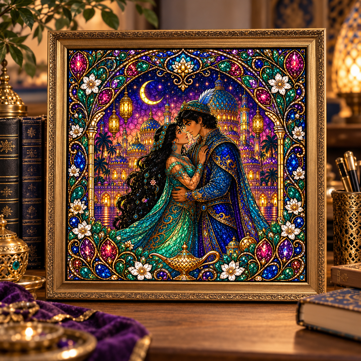 A framed decorative artwork showing a romantic couple in an ornate palace scene, surrounded by a gold frame and rich jewel tones, displayed on a wooden surface with books and decorative objects in a warm interior setting.